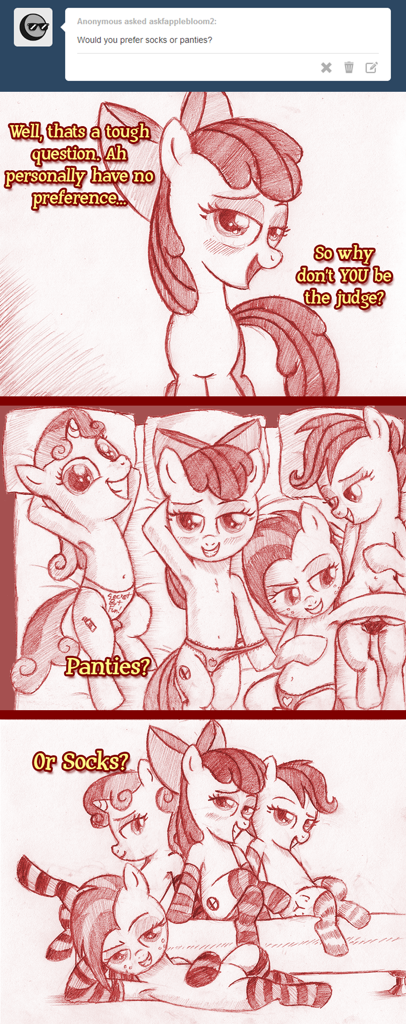 apple_bloom_(mlp) babs_seed_(mlp) bed bedroom_eyes blush bow breasts cleavage clothed clothing cub cutie_mark_crusaders_(mlp) dialog english_text equine female feral friendship_is_magic grin group hair half-closed_eyes horn horse jaxonian looking_at_viewer lying mammal my_little_pony navel on_back open_mouth panties pegasus pillow pony scootaloo_(mlp) sitting smile socks sweetie_belle_(mlp) teats text underwear unicorn wings young