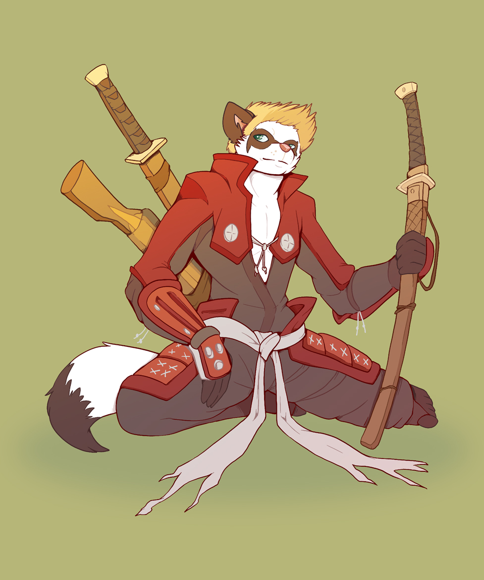 boneitis ferret fur gun hair male mammal mustelid orange_hair ranged_weapon samurai solo sword weapon white_fur
