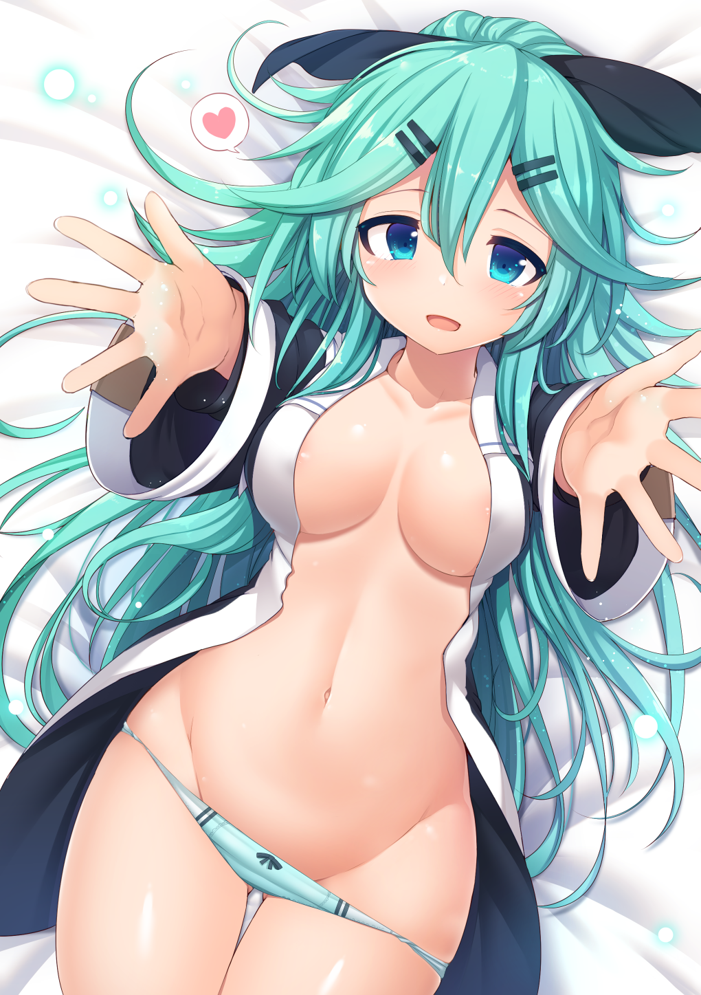 bangs bed_sheet black_ribbon blue_eyes blush breasts cleavage collarbone commentary_request cowboy_shot eyebrows_visible_through_hair gluteal_fold green_hair groin hair_between_eyes hair_flaps hair_ornament hair_ribbon hairclip heart highres kantai_collection long_hair looking_at_viewer lying medium_breasts navel on_back open_mouth panties parted_bangs reaching_out ribbon sidelocks skindentation smile snow_(gi66gotyo) solo underwear very_long_hair yamakaze_(kantai_collection)