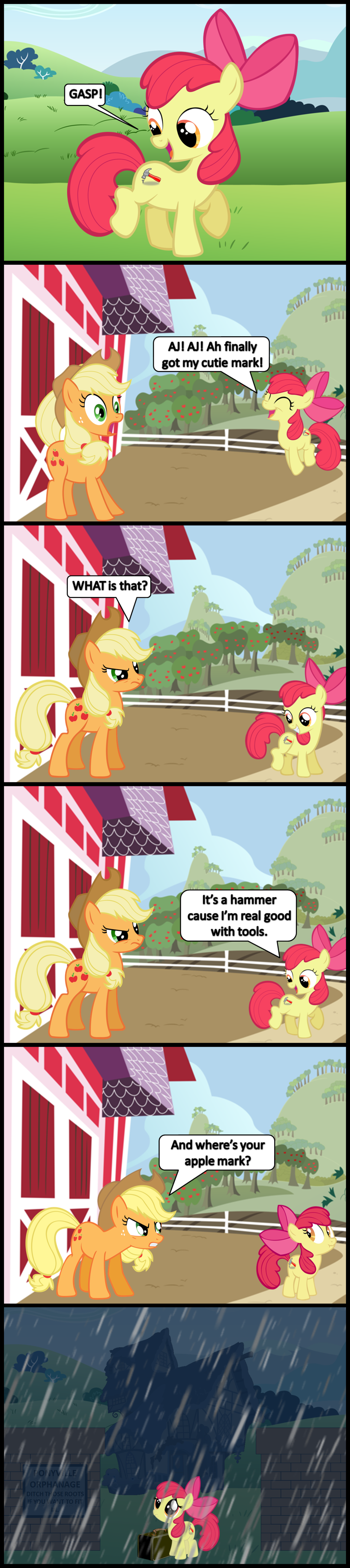 amber_eyes apple apple_bloom_(mlp) applejack_(mlp) blonde_hair bow bronybyexception comic cowboy_hat cub cutie_mark dialog english_text equine female fence feral freckles friendship_is_magic fruit green_eyes hair hammer hat horse house mammal mean my_little_pony nail orphanage pony rain raining red_hair sibling sisters suitcase text tree wall young