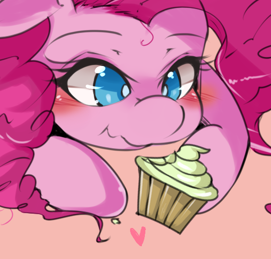 blue_eyes blush cupcake equine female friendship_is_magic fur hair horse hua113 mammal my_little_pony pink_background pink_fur pink_fur_pink_hair pink_hair pinkie_pie_(mlp) plain_background pony solo