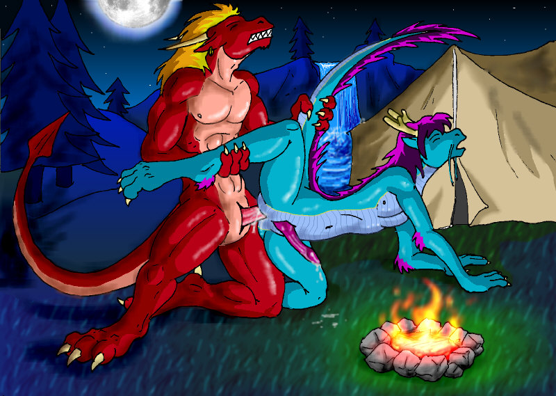 abs anal anal_penetration anthro anus avoid_posting biceps blonde_hair blue_dragon blue_scales butt camp campfire chryseus closed_mouth dragon erection fire fur gay hair male max-dragon moon muscles night nipples open_mouth penetration penis purple_fur purple_hair red_dragon red_eyes scalie sex slit smile teeth whiskers yellow_eyes