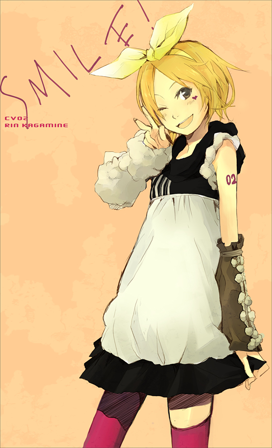 ;d apron arm_warmers asymmetrical_legwear bad_id bad_pixiv_id black_dress blonde_hair brown_eyes character_name cowboy_shot dress english facial_mark fur hair_ribbon heart kagamine_rin looking_at_viewer mismatched_legwear number_tattoo one_eye_closed open_mouth orange_background pink_legwear ribbon short_hair shoulder_tattoo simple_background single_pantyhose single_thighhigh skirt_hold smile solo tattoo thighhighs vocaloid w waist_apron yellow_ribbon yoshito