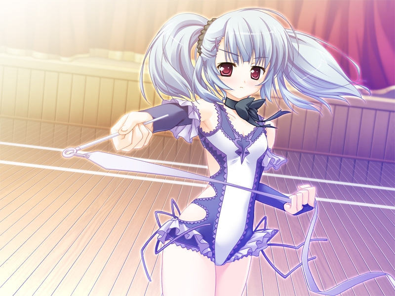 blue_hair blue_leotard bow choker detached_sleeves dutch_angle elbow_gloves gakuto! game_cg gloves gymnastics kimura_koroya leotard long_hair nishida_meari non-web_source red_eyes rhythmic_gymnastics ribbon ribbon_baton solo twintails white_leotard