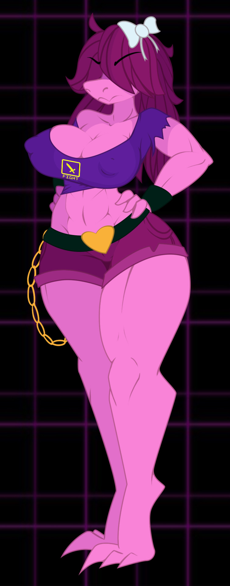 &lt;3 2018 abs angry anthro belt belt_buckle big_breasts bow breasts chain cleavage clothed clothing crop_top deltarune digital_media_(artwork) eyebrows female full_portrait grid hair hair_over_eyes hands_on_hips hi_res hind_legs jrvanesbroek long_hair midriff monster muscular muscular_female navel nipple_bulge pink_body pink_scales purple_hair reptile scales scalie scowl shirt shorts simple_background solo standing susie_(deltarune) thick_thighs torn_clothing video_games voluptuous wide_hips wristband