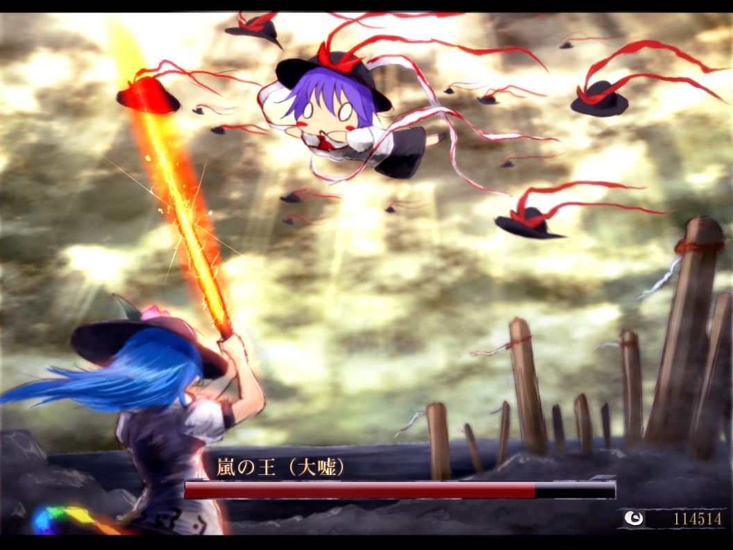 2girls blue_hair cookie_(touhou) demon's_souls food fruit gameplay_mechanics hat hinanawi_tenshi letterboxed long_hair multiple_girls nagae_iku parody peach purple_hair ryuuichi_(f_dragon) shawl souls_(from_software) storm_king sword_of_hisou touhou