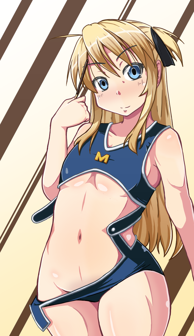blonde_hair blue_eyes commentary_request food hatsuyuki_(hatuyuki4) long_hair one-piece_swimsuit pocky quiz_magic_academy shalon solo swimsuit two_side_up unbuttoned