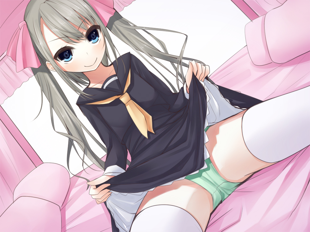 bed blue_eyes bow dress dress_lift dutch_angle hair_bow long_hair naughty_face original panties pillow sailor_dress school_uniform silver_hair solo spread_legs tanakahazime thighhighs twintails underwear very_long_hair