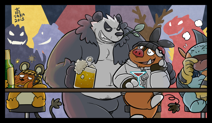 alcohol anthro bar bear beartic beer beverage biceps big_muscles blush boar clothing dedenne drunk electabuzz eyes_closed faceless_male fur leaf machoke male mammal marshtomp martini mouse muscles nintendo one_eye_closed panda pangoro pignite pok&#233;mon pok&eacute;mon porcine public rodent sweater takataka takataka_(character) teki typhlosion video_games wink