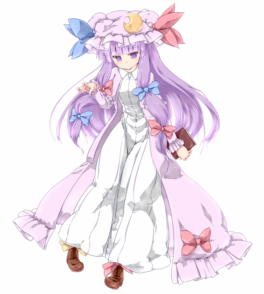 book coat coo crescent dress hair_ribbon hat long_hair long_sleeves looking_at_viewer open_clothes open_coat patchouli_knowledge purple_eyes purple_hair ribbon simple_background solo striped striped_dress touhou tress_ribbon very_long_hair white_background white_dress