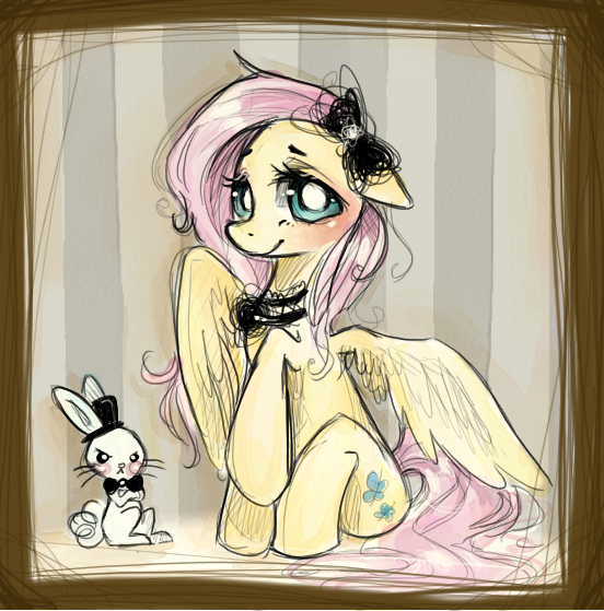 angel_(mlp) blush bow cutie_mark duo equine feathers female feral fluffy_tail fluttershy_(mlp) friendship_is_magic goth hair horse lagomorph long_hair mammal my_little_pony pegasus pony rabbit raised_hoof sitting smile wings winter-blizz