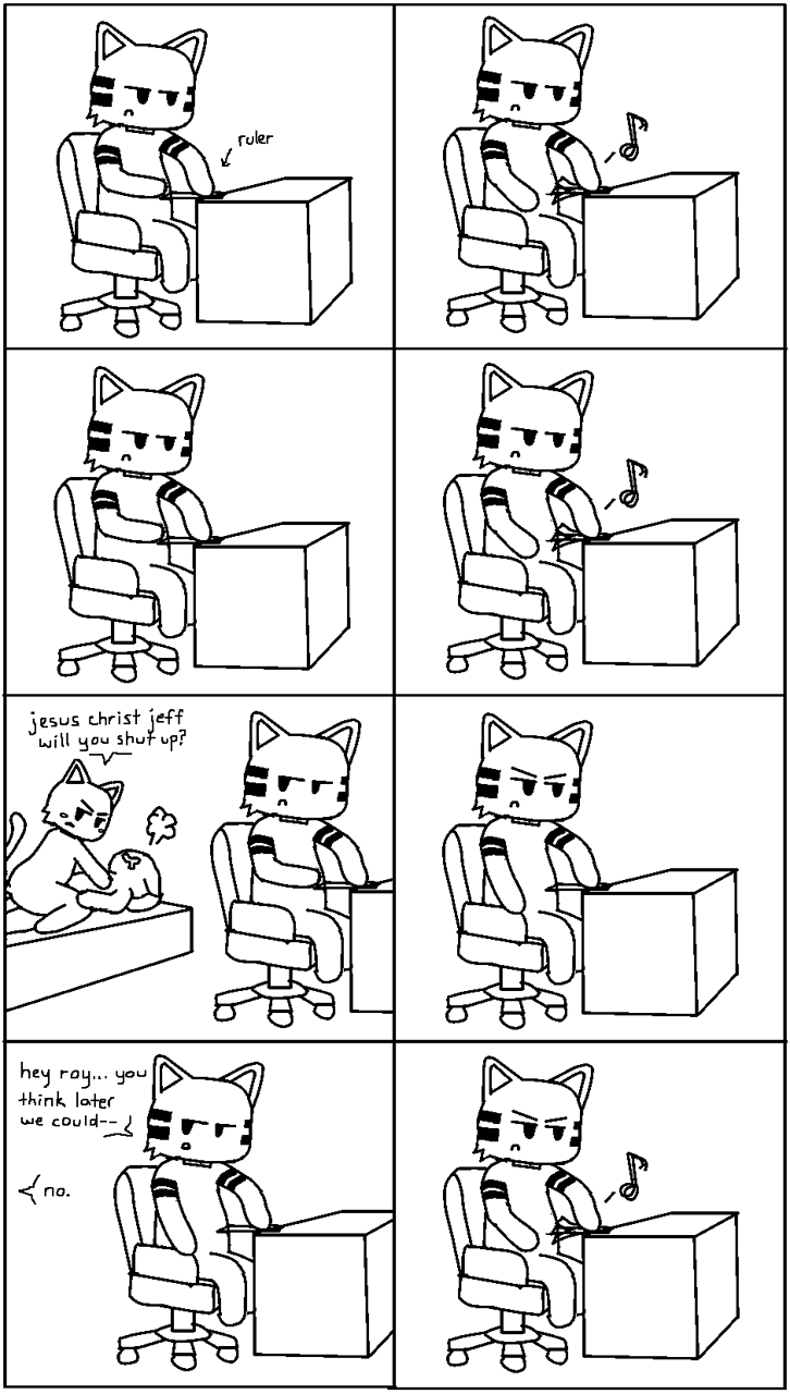 anthro bored cat comic cowgirl cowgirl_position english_text feline group jaguar jeff male mammal musical_note on_top pronista ruler sam sam_(character) sex straddling text