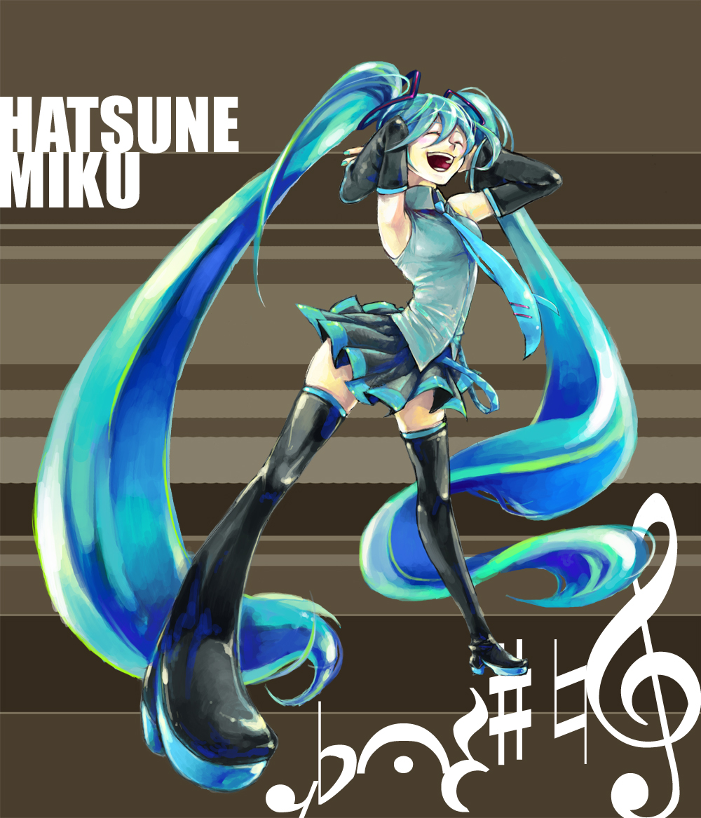 arms_up blue_hair closed_eyes detached_sleeves hatsune_miku legs long_hair moyashi_nabe necktie skirt solo thighhighs twintails very_long_hair vocaloid