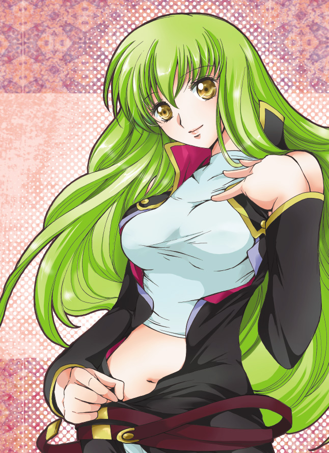 breasts brown_eyes c.c. code_geass green_hair kurimomo long_hair medium_breasts navel open_clothes smile solo undressing yellow_eyes