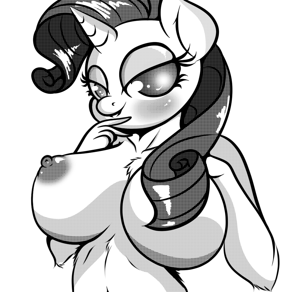 anthro anthrofied big_breasts blush breasts chest_tuft ep777 equine female friendship_is_magic fur greyscale half-closed_eyes horn horse looking_at_viewer mammal monochrome my_little_pony pony rarity_(mlp) solo tuft unicorn