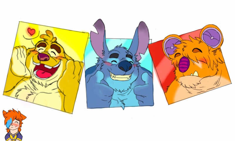&lt;3 2016 5_fingers alien back_markings blue_fur blue_nose blush bonicfan123 chest_tuft digital_drawing_(artwork) digital_media_(artwork) disney experiment_(species) eyes_closed fluffy fur gold_fur grin group hair head_tuft humanoid lilo_and_stitch markings notched_ear open_mouth open_smile orange_fur orange_hair purple_nose raised_inner_eyebrows red_nose reuben sample_(lilo_&amp;_stitch) simple_background smile speaker_ears stitch thumbs_up tuft white_background