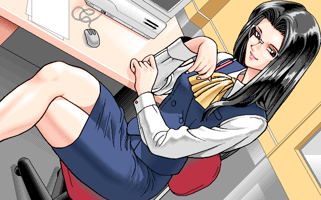 1girl 4bpp black_hair business_suit chair computer computer_mouse desk game_cg glasses kajiyama_hiroshi legs_crossed long_hair looking_at_viewer mouse office oldschool paper pc98 poison_~6_nin_no_majo~ sitting