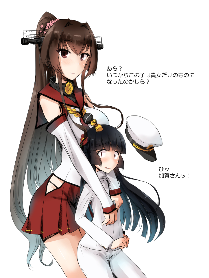 2girls brown_hair cherry_blossoms detached_sleeves female_admiral_(kantai_collection) flower hair_flower hair_ornament hat headgear kantai_collection long_hair military military_hat military_uniform minase_(takaoka_nanase) multiple_girls naval_uniform peaked_cap ponytail red_skirt size_difference skirt translation_request uniform very_long_hair yamato_(kantai_collection)