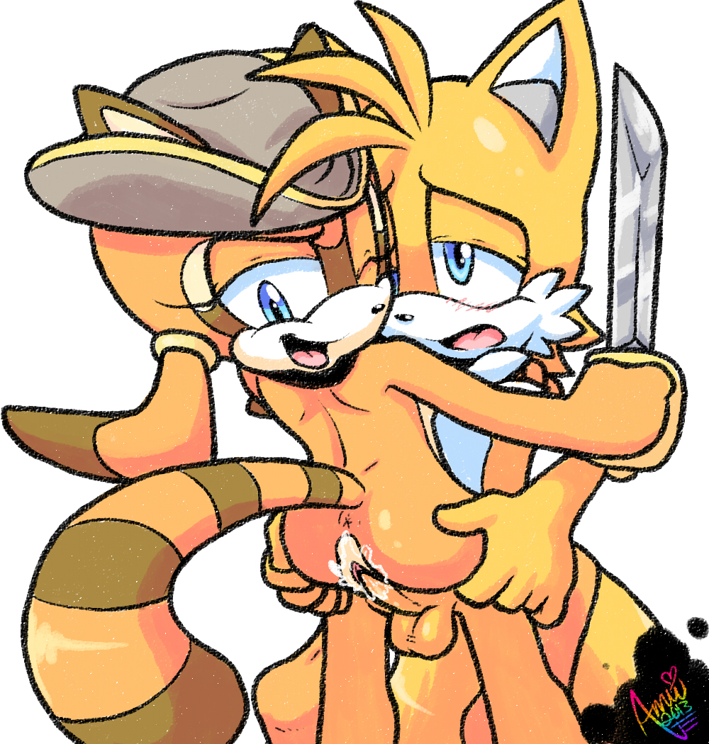 amuzoreh anthro anus balls blue_eyes canine duo erection female fox hair hat male mammal marine_the_raccoon miles_prower nude orange_hair penetration penis pussy raccoon sega sex smile sonic_(series) straight sword vaginal vaginal_penetration weapon young