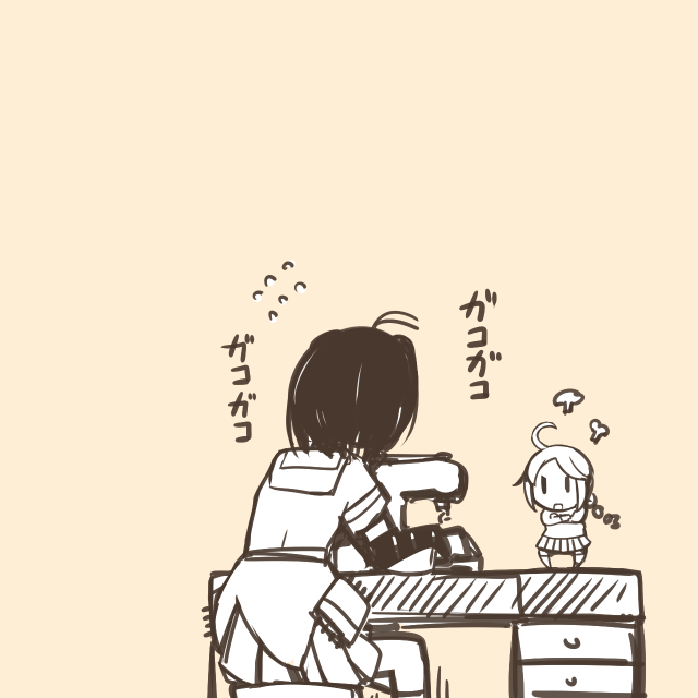 ahoge angry antenna_hair bangs beige_background black_gloves braid comic crossed_arms desk double_bun drawer elbow_gloves fairy_(kantai_collection) flat_color flying_sweatdrops gloves kantai_collection minigirl monochrome multiple_girls naka_(kantai_collection) nns_(sobchan) sailor_collar sewing sewing_machine short_hair short_sleeves simple_background sitting skirt standing_on_desk stool swept_bangs thighhighs turret zettai_ryouiki