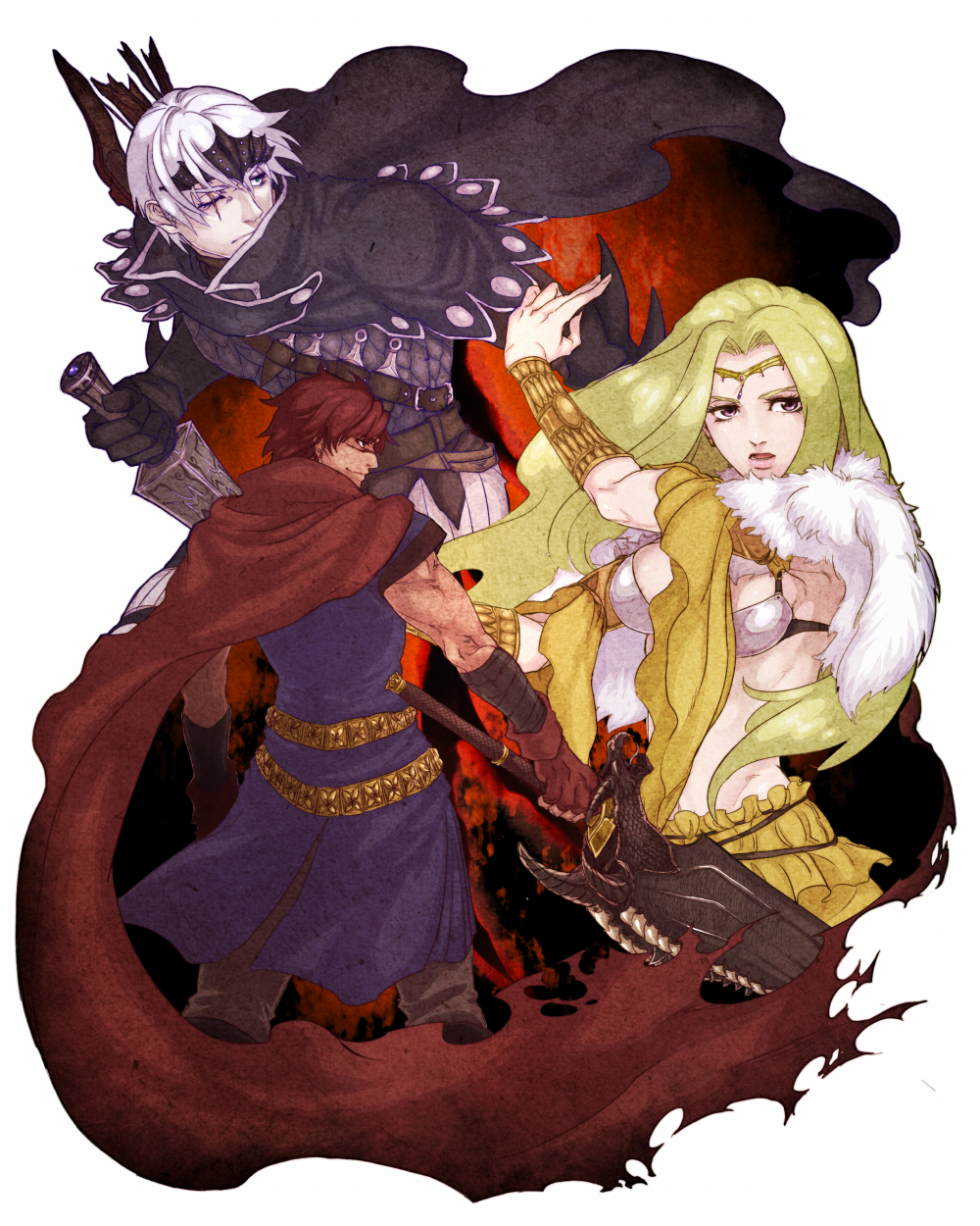 2boys arisen_(dragon's_dogma) armor bad_deviantart_id bad_id belt bikini_armor blonde_hair blue_eyes bracer breasts cape circlet dagger dragon's_dogma fingerless_gloves fur_cape gloves highres huge_weapon inuhiko_(istdog) kunai long_hair medium_breasts multiple_belts multiple_boys muscle pale_skin pawn_(dragon's_dogma) red_hair red_scarf reverse_grip scar scarf short_hair sword weapon white_hair