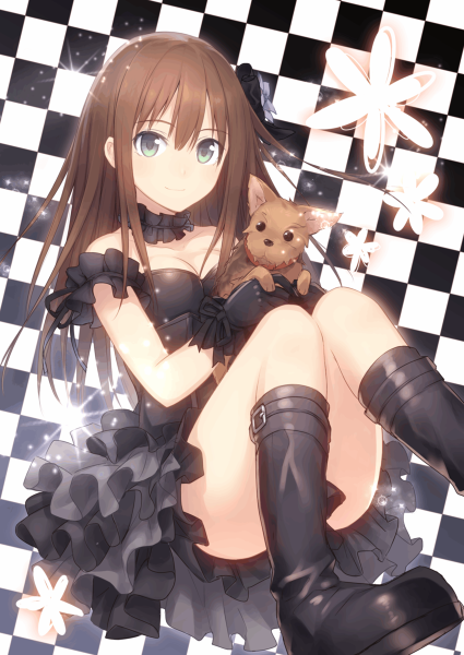 1girl brown_hair dog dress flower lolita pet smile tagme