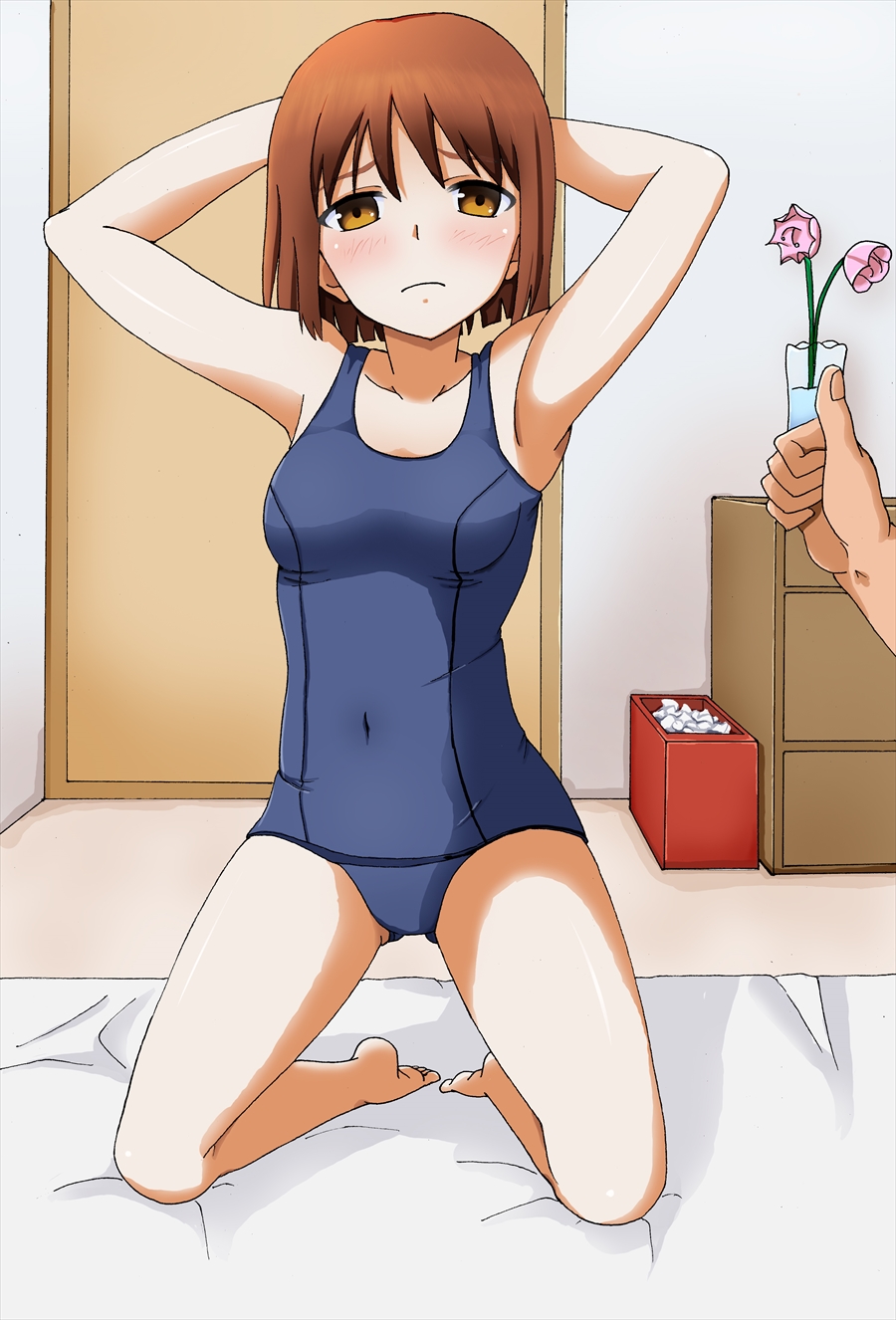 arms_behind_head barefoot bed blush brown_eyes brown_hair commentary_request covered_navel hagiwara_yukiho highres idolmaster idolmaster_(classic) kneeling one-piece_swimsuit pose school_swimsuit short_hair swimsuit tarokennsann thumbs_up