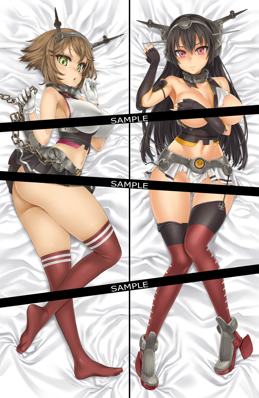 asanagi ass bare_shoulders bed_sheet black_hair blush breasts brown_hair covering covering_breasts dakimakura fingerless_gloves gloves green_eyes hair_ornament hairband headgear highres kantai_collection large_breasts long_hair looking_at_viewer lying midriff miniskirt multiple_girls mutsu_(kantai_collection) nagato_(kantai_collection) navel on_back on_side red_eyes red_legwear sample short_hair skirt thighhighs torn_clothes white_gloves