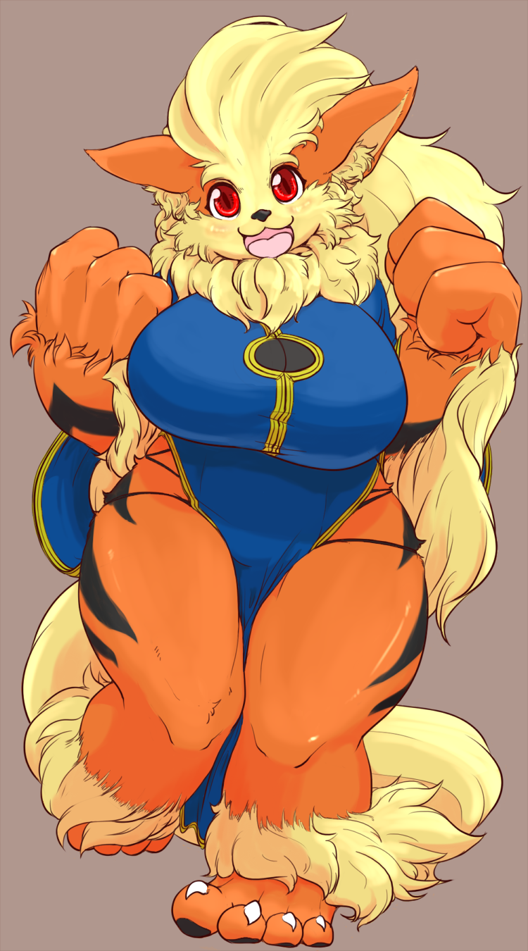 anthro arcanine big_breasts big_hands black_fur black_nose blonde_hair blush breasts canine claws dress fdokkaku female fur grey_background hair hi_res hindpaw long_hair looking_at_viewer mammal nintendo orange_fur paws plain_background pok&#233;mon pok&#233;morph pok&eacute;mon pok&eacute;morph red_eyes smile solo stripes swimsuit thick_thighs thighs video_games wide_hips yellow_fur