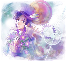 backlighting black_border border bouquet elbow_gloves expressionless feathers flower formal frederic_chopin frilled_sleeves frills fuju gears gloves hand_on_own_chest hat hat_feather long_sleeves looking_up lowres male_focus parted_lips purple_eyes purple_hair purple_hat solo suit top_hat trusty_bell upper_body