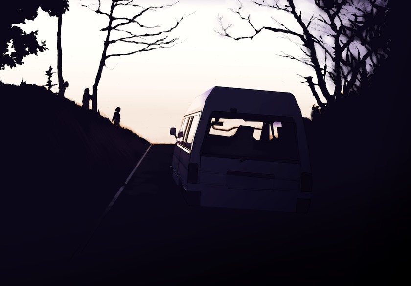 dark ground_vehicle landscape motor_vehicle negoro_shuujirou road scenery silhouette tree van