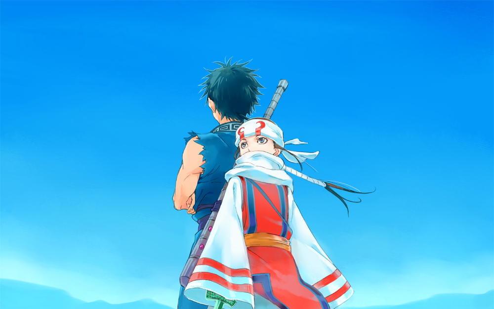 1girl back-to-back black_hair blue_background blue_eyes blue_hair blue_sky brown_hair cowboy_shot crossed_arms day flat_chest floating_hair habuki headband height_difference kingdom kyoukai_(kingdom) long_hair long_sleeves looking_away sash scarf shin_(kingdom) short_hair sky sleeveless sleeves_past_wrists standing sword sword_behind_back tabard torn_clothes torn_sleeves weapon wide_sleeves wind