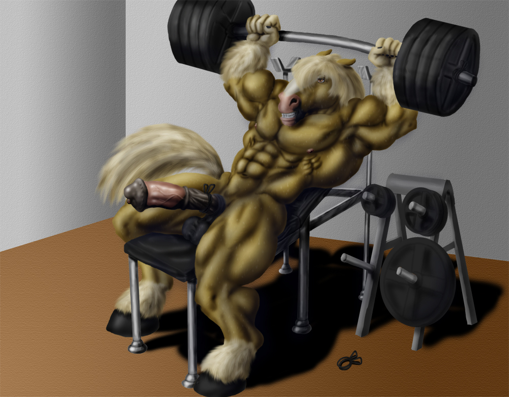 anatomically_correct animal_genitalia anthro balls bench biceps big_muscles big_penis blonde_hair bodybuilder bodybuilding brown_fur clenched_teeth cock_ring equine erection flared_penis fur gym hair hooves horse horsecock male mammal muscles nipples nude pecs penis pose presenting sheath sitting solo sudonym sweat tan_fur teeth toned vein weightlifting weights