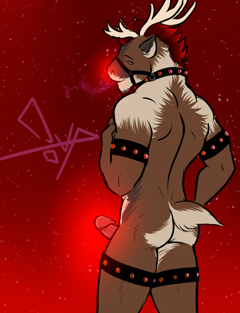anthro antlers back back_turned bgn brown_fur butt cervine erection fur glowing glowing_nose glowing_penis hair horn looking_at_viewer looking_back male mammal nude penis red_hair reindeer rudolph solo standing