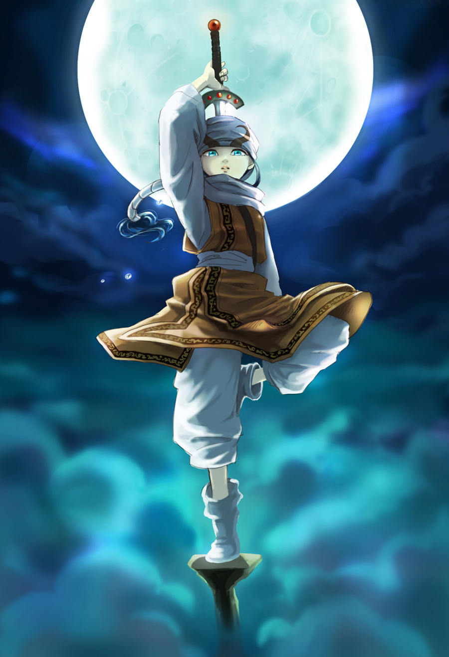 aipe arms_up black_hair boots clothes_around_waist cloud fighting_stance full_moon highres holding holding_sword holding_weapon kingdom kyoukai_(kingdom) long_hair looking_at_viewer moon pants ponytail pose reverse_trap serious sky solo standing standing_on_object standing_on_one_leg sword sword_hilt turtleneck unsheathed weapon