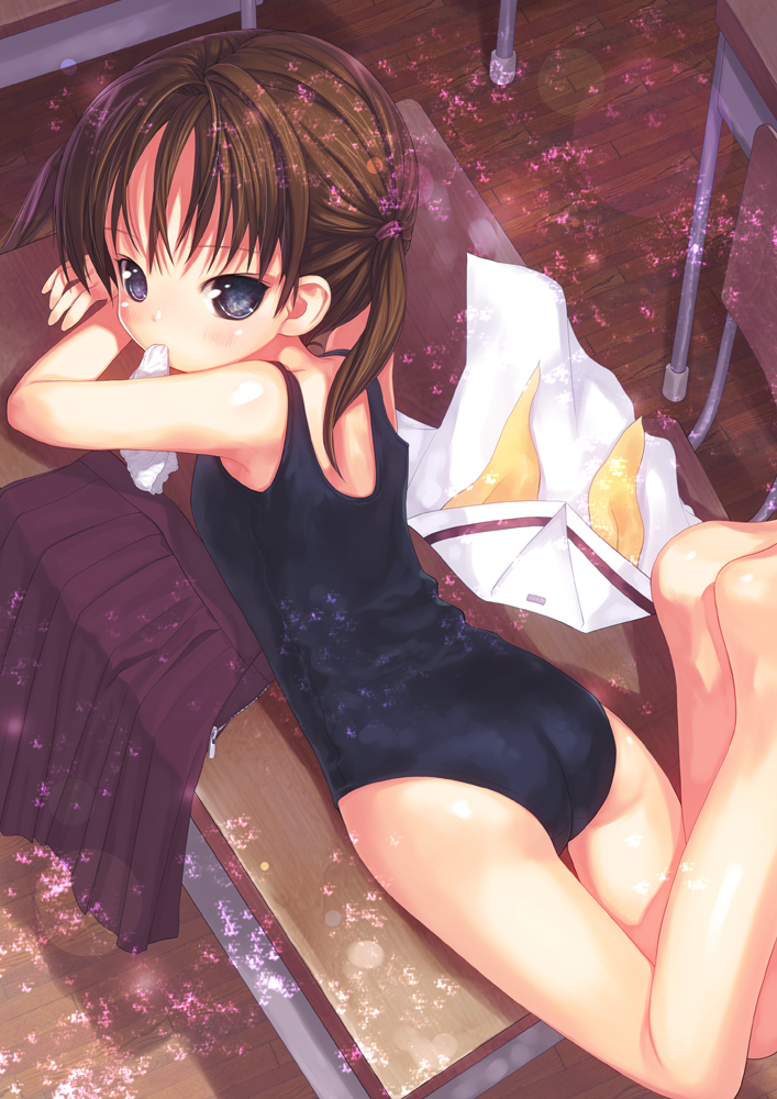 ass barefoot black_eyes black_swimsuit blush brown_hair desk hair_ribbon kiira looking_at_viewer lying mouth_hold on_stomach one-piece_swimsuit original panties panties_in_mouth ribbon school_desk school_swimsuit school_uniform shirt_removed skirt skirt_removed swimsuit twintails underwear