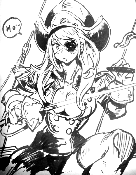 blush breasts cigar cleavage eyepatch greyscale hat kilart long_hair medium_breasts monochrome pirate pirate_hat rapier sketch solo sword thighhighs weapon