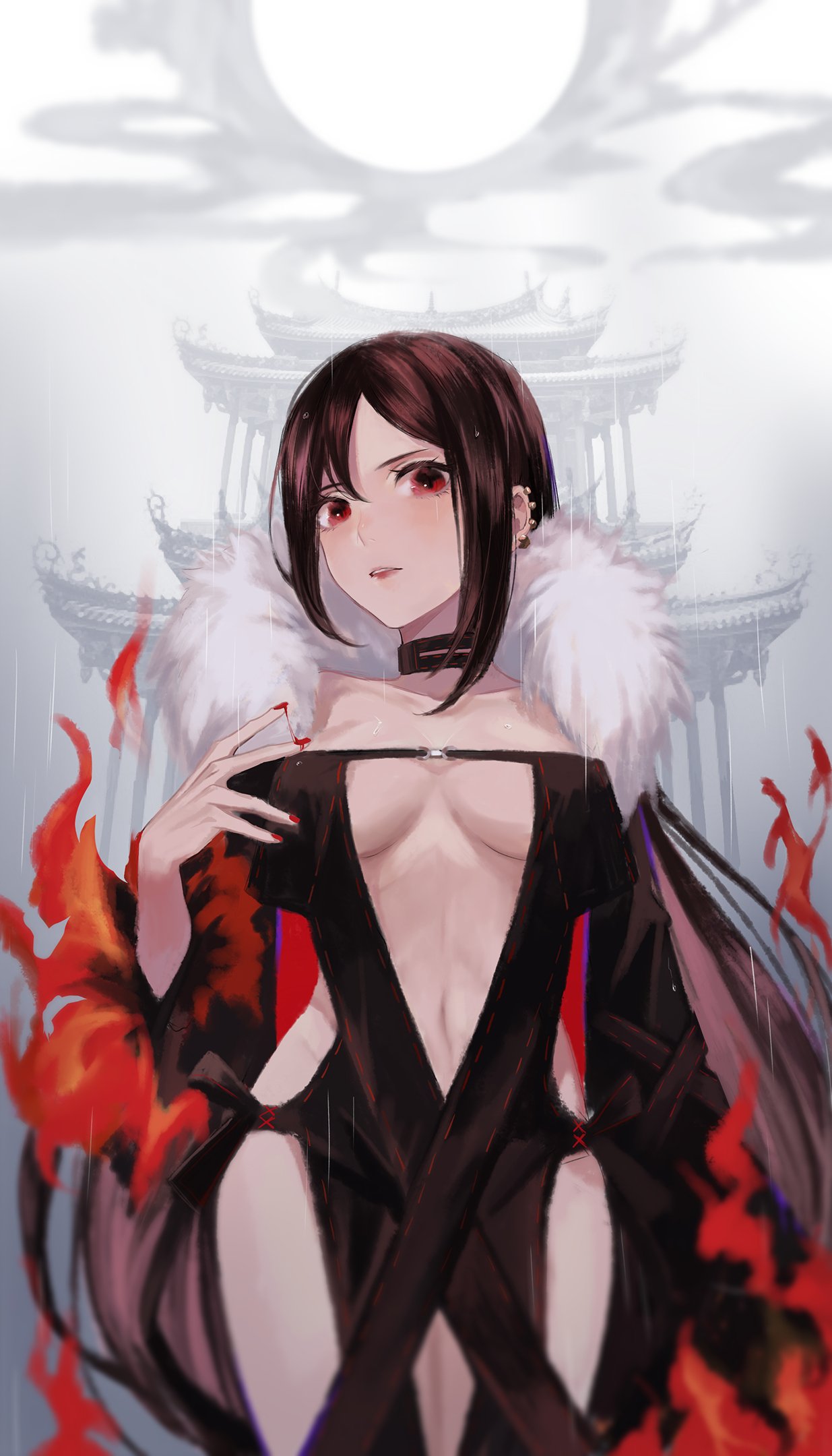 1girl black_dress black_hair breasts cleavage collar consort_yu_(fate) dress earrings fate/grand_order fate_(series) fur_trim highres jewelry liyuchen1126 long_hair looking_at_viewer nail_polish red_eyes solo