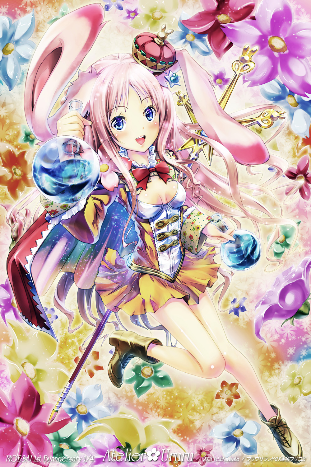 2013 :d animal_ears anniversary artist_name atelier_(series) atelier_meruru blue_eyes blush boots bow bowtie breasts bunny_ears cape crown ek_masato english flask flower highres holding long_hair long_sleeves merurulince_rede_arls mini_crown open_mouth pink_hair portmanteau red_bow round-bottom_flask skirt small_breasts smile solo staff star very_long_hair wide_sleeves