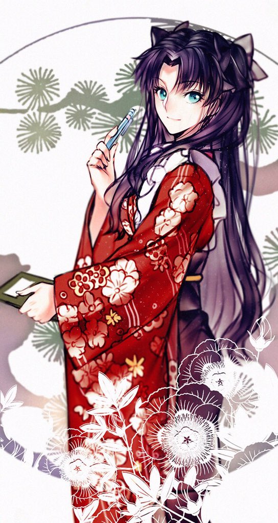 1girl fate_(series) japanese_clothes kimono pen tohsaka_rin yaoshi_jun