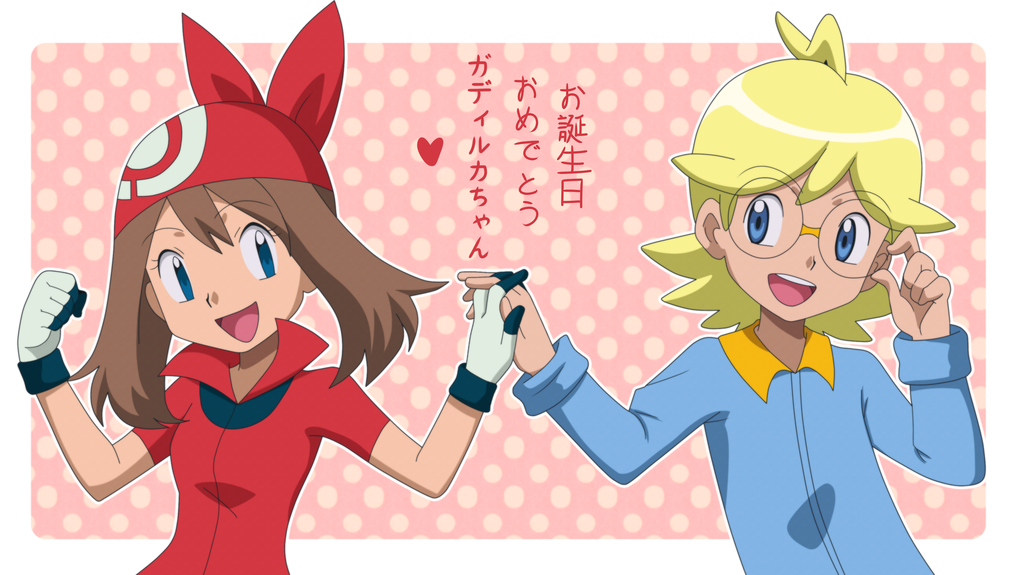 1boy 1girl ahoge bandanna bent_knees blonde_hair blue_eyes brown_hair citron_(pokemon) glasses gloves green_eyes gym_leader happy haruka_(pokemon) jacket male nintendo open_mouth poke_ball pokemon pokemon_(anime) pokemon_(game) short_hair tongue uhyoko