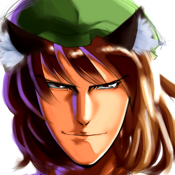 animal_ears brown_eyes brown_hair cat_ears chen close-up gundam hat ikami_(rockhardridefree) looking_at_viewer manly paptimus_scirocco parody short_hair smile smirk touhou zeta_gundam