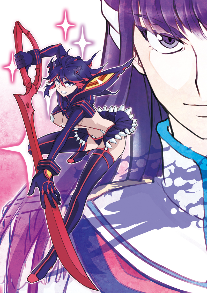 blue_eyes boots epaulettes junketsu kill_la_kill kiryuuin_satsuki matoi_ryuuko multicolored_hair multiple_girls purple_eyes purple_hair revealing_clothes scissor_blade senketsu suspenders sword thigh_boots thighhighs twenty two-tone_hair weapon