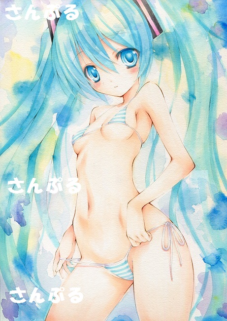 aqua_eyes aqua_hair bad_id bad_pixiv_id bikini hatsune_miku kurousakun long_hair marker_(medium) navel sample side-tie_bikini solo striped striped_bikini swimsuit traditional_media twintails very_long_hair vocaloid watercolor_(medium)