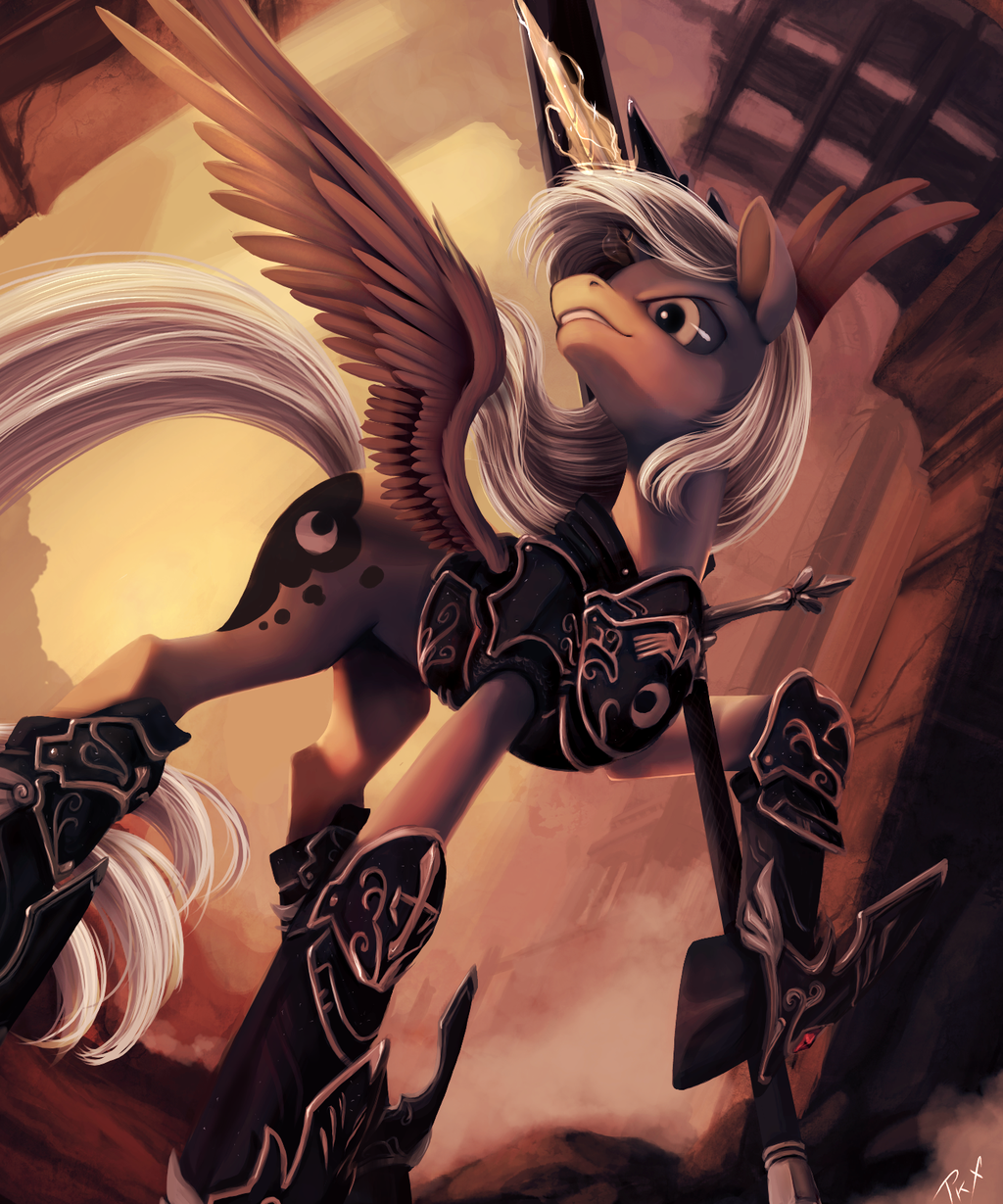 black_eyes crown cutie_mark equine female feral friendship_is_magic fur grey_fur grey_hair hair hi_res horn horse magic mammal my_little_pony open_mouth outside pony ponykillerx princess_luna_(mlp) signature solo spread_wings sword weapon winged_unicorn wings