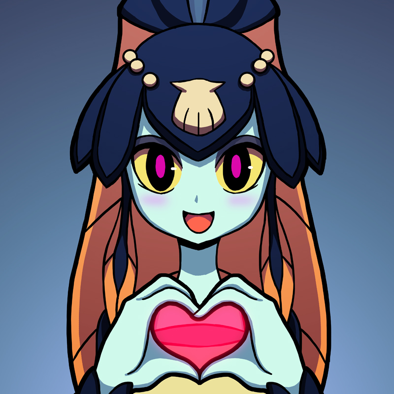 blue_background blue_skin blush fish_girl heart heart_hands looking_at_viewer minette_(skullgirls) open_mouth pink_eyes scales seashell shell shisen skullgirls smile solo yellow_sclera