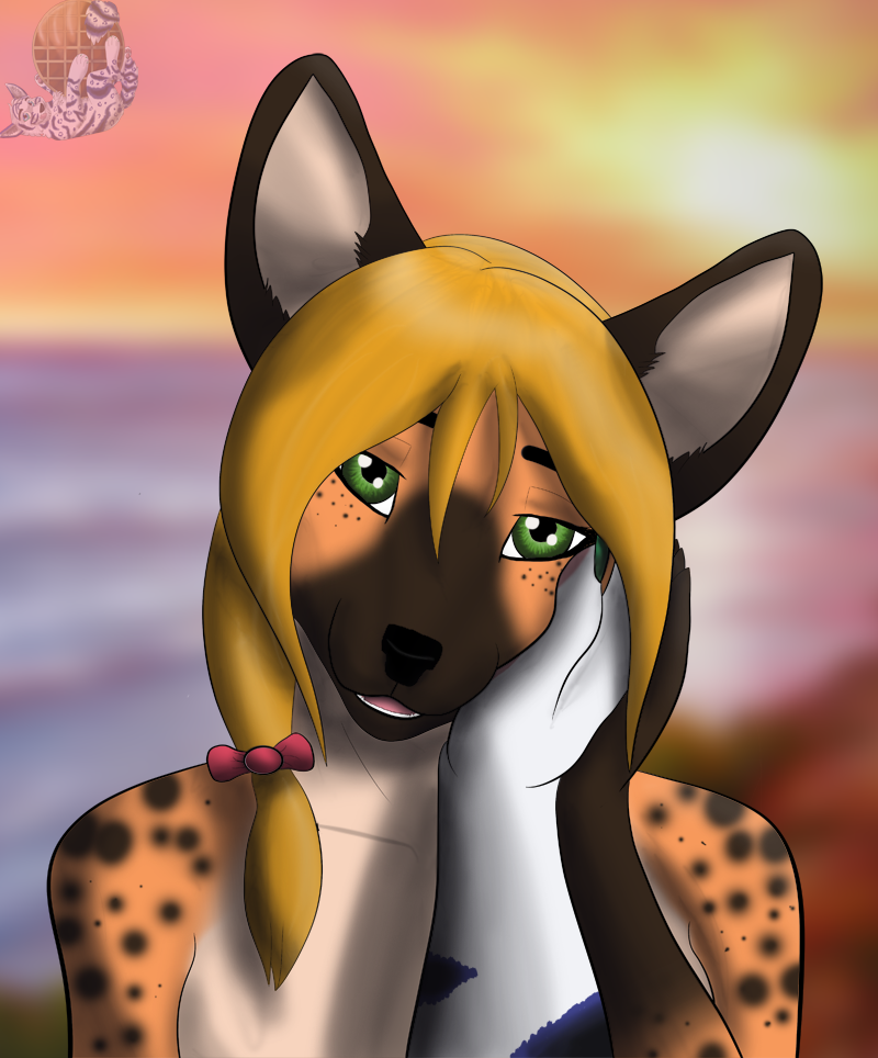 beach blonde_hair canine caress cynthia detailed_background female green_eyes hair hair_bow hyena looking_at_viewer pink_bow seaside sky stolf sunset waffles_(artist) water