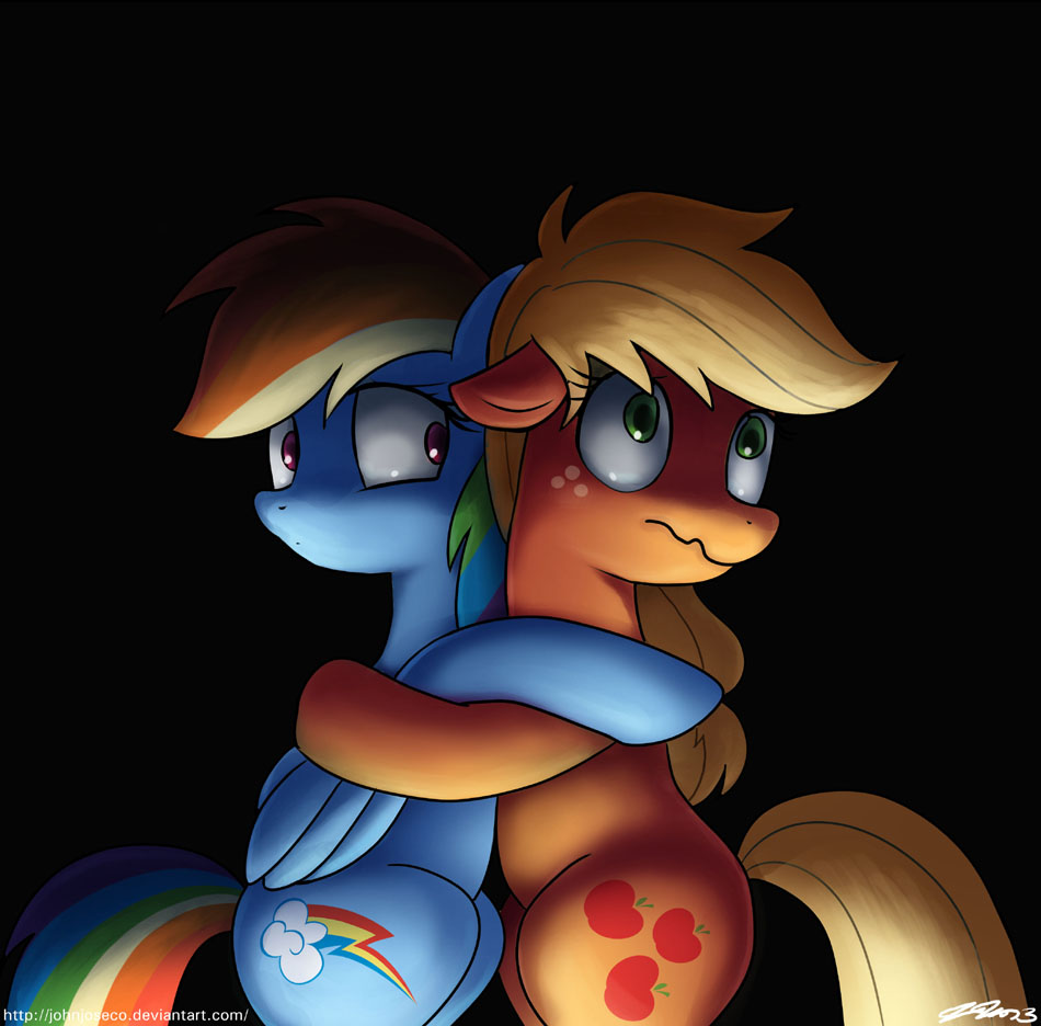 applejack_(mlp) blonde_hair cutie_mark dark duo equine female freckles friendship_is_magic green_eyes hair horse hug john_joseco mammal my_little_pony pegasus pony purple_eyes rainbow_dash_(mlp) scared wings