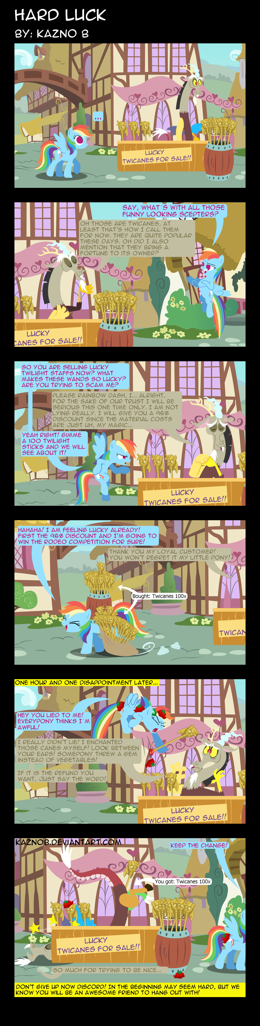 bag barrel bush comic cutie_mark dialog discord_(mlp) draconequus english_text equine fangs female flying friendship_is_magic gem hair horse house kaznob knocked_out male mammal multi-colored_hair my_little_pony pegasus pony ponyville purple_eyes rainbow_dash_(mlp) rainbow_hair red_eyes scepter sceptre star text tomato tree twilight_scepter_(mlp) wings