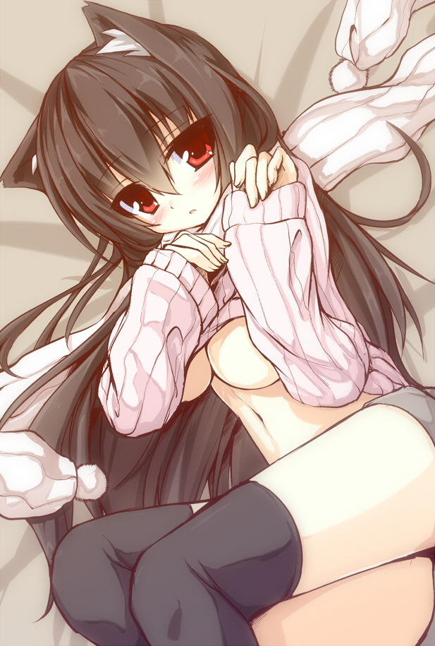 animal_ears black_legwear blush breasts clothes_lift large_breasts long_hair looking_at_viewer lying mia_flatpaddy no_bra original red_eyes ribbed_sweater scarf solo sweater sweater_lift syroh thighhighs underboob